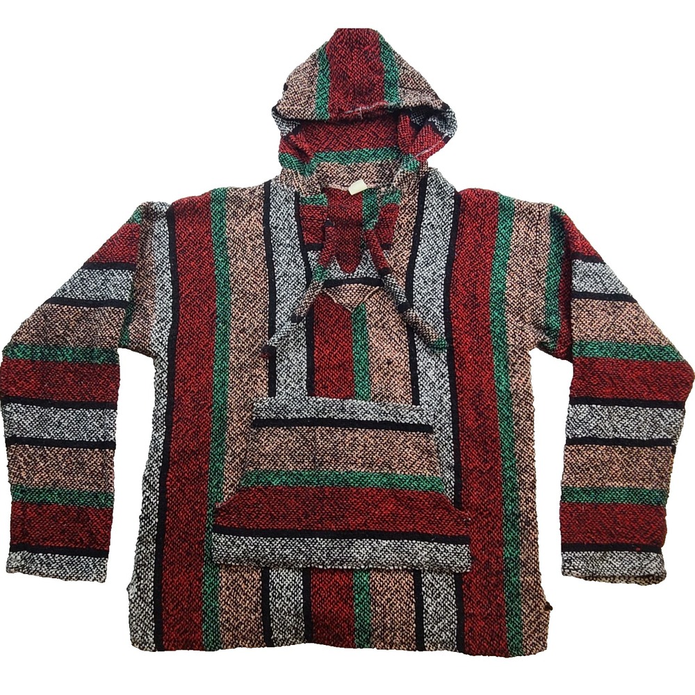 Vintage Baja Centro Cobijero Hoodie Unisex XL Striped Mexican Cotton Pullover
